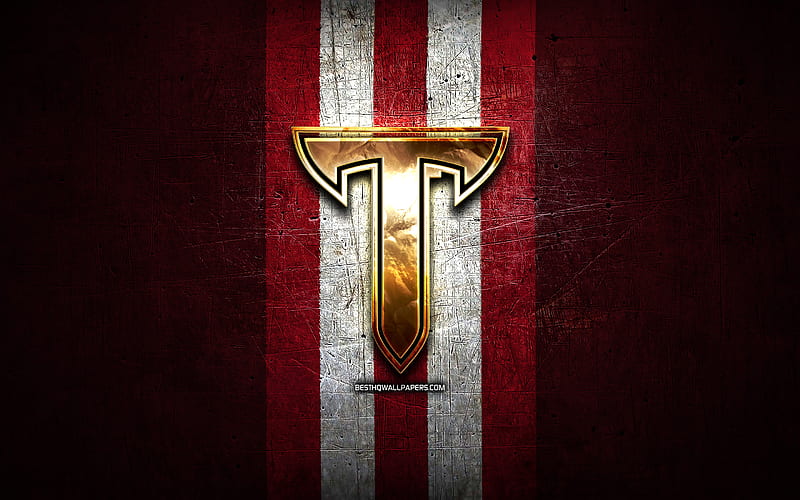 Troy Trojans, golden logo, NCAA, red metal background, american football club, Troy Trojans logo, american football, USA, HD wallpaper