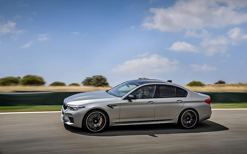 BMW M5, 2018, 4x4, F90, M5 Competition, silver sedan, side view, road, speed, new silvery M5, German cars, BMW, HD wallpaper
