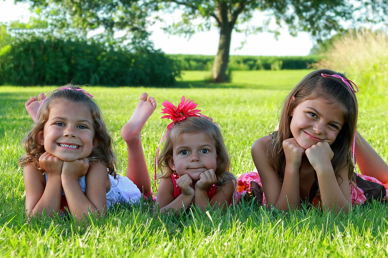 Little girl, pretty, grass, 3 girls, adorable, sightly, sweet, nice ...