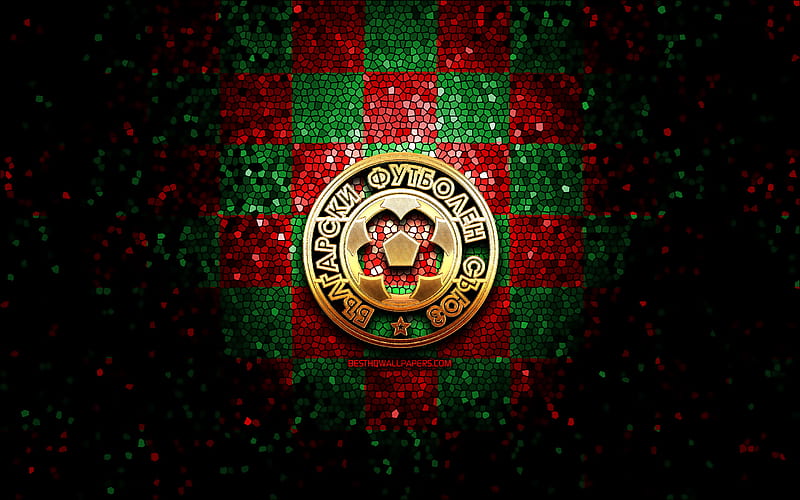 Bulgarian football team, glitter logo, UEFA, Europe, green red checkered background, mosaic art, soccer, Bulgaria National Football Team, BFU logo, football, Bulgaria, HD wallpaper