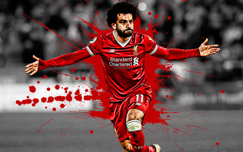 Mohamed Salah Egyptian football player, Liverpool FC, striker, red paint splashes, creative art, Premier League, England, football, grunge, Mo Salah, HD wallpaper