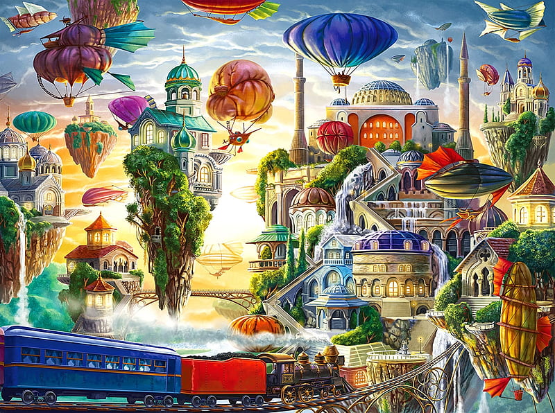 Floating sky city, sky, colorful, fantasy, city, hot air balloon, floating, HD wallpaper
