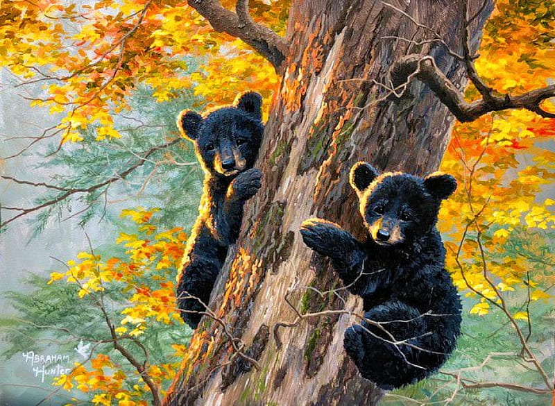 Double Trouble, autumn, tree, painting, climbing, bears, artwork, pups, HD wallpaper