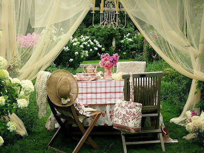 Garden Party Tea Time, pretty, curtain, country, tea, hat, decorate, girly, party, sheer, flowers, garden, pink, HD wallpaper