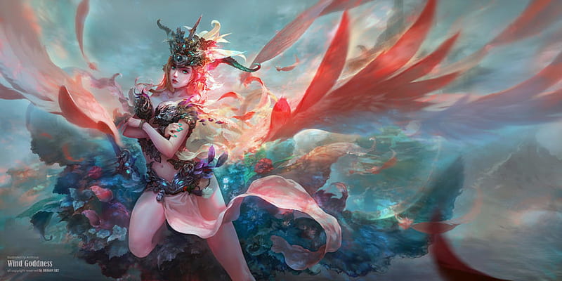 Wind goddess, wings, girl, antilous, angel, pink, blue, art, luminos, fantasy, HD wallpaper