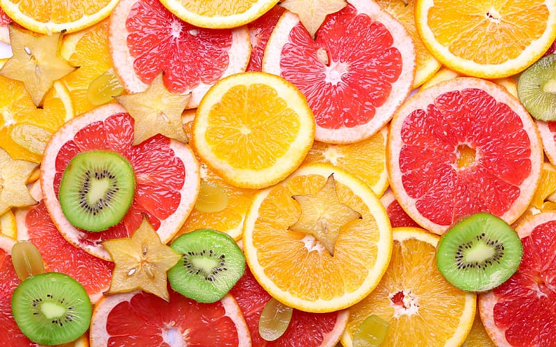 Fruit slices, sluce, kiwi, fruit, texture, pattern, orange, red, green, yellow, grapefruit, HD wallpaper