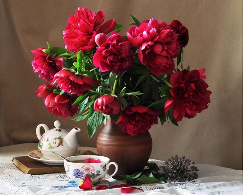 Red peonies, red, colorful, book, vase, bonito, tea, peonies, teapot, still life, flowers, beauty, table, porcelaine, spring, teatime, freshness, cup, garden, nature, petals, white, HD wallpaper