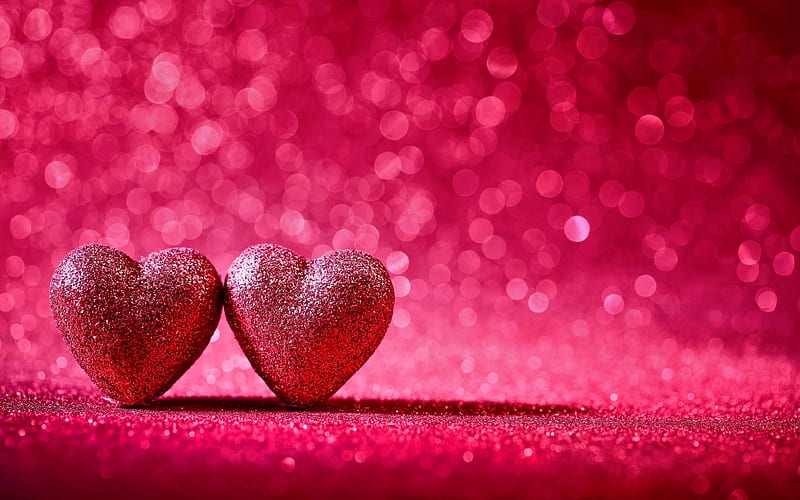 two hearts love concepts, pink hearts, 3D art, 3D hearts, artwork, corazones, pink backgrounds, HD wallpaper