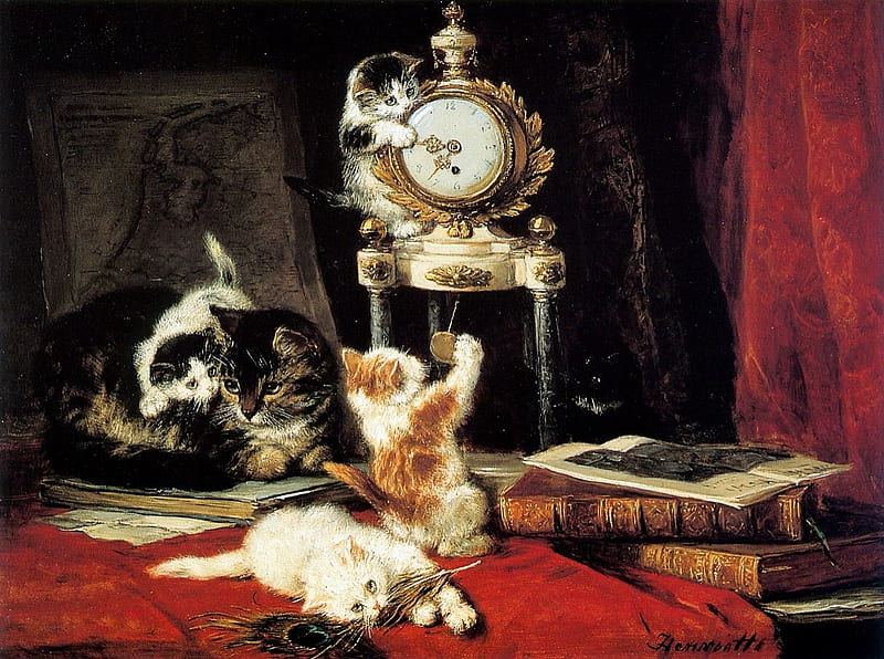 Kittens, art, henriette ronner knip, painting, clock, cat, kitten, pisica, HD wallpaper