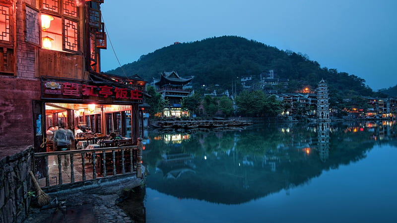 restaurant on the river in a chinese town, restaurant, town, river, reflection, night, HD wallpaper