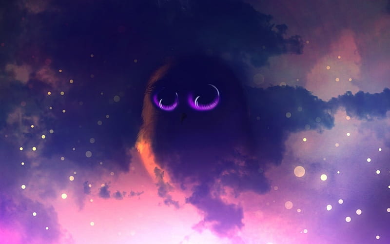 Owl nebula, owl, stars, cloud, luminos, sky, fantasy, nebula, purple, bird, cosmos, eyes, pink, HD wallpaper