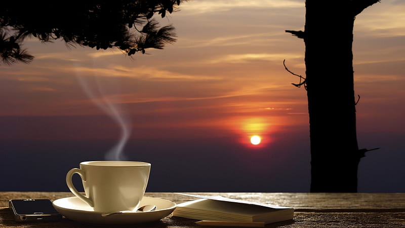 Good Morning , tree, coffee, book, sunrise, morning, clouds, sky, tea, HD wallpaper