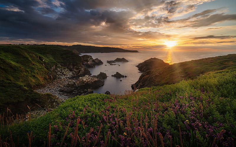 coast, sunset, Atlantic Ocean, cliffs, seascape, Asturias, Spain, HD wallpaper