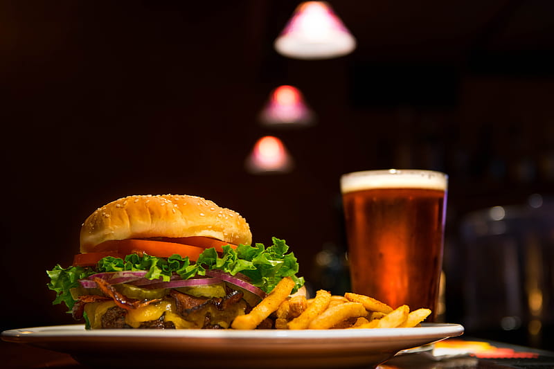burger and fries on plate, HD wallpaper