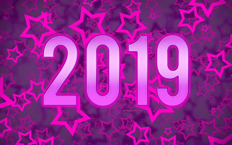 Happy New Year 2019, stars, purple background, creative, 2019 concepts, 3d digits, 2019 year, HD wallpaper