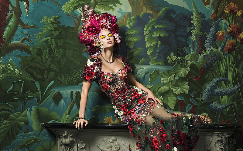 Kendall Jenner, American fashion model, shoot, hat of flowers, beautiful woman, Vogue, HD wallpaper
