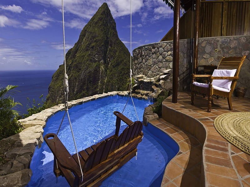 Secret Pool St Lucia, st lucia, sea, cliffs, room, scenery, swimming, hotel, exotic, islands, view, ocean, pool, hot tub, caribbean, suite, paradise, swing, mountains, jacuzzi, island, hideaway, tropical, luxurious, HD wallpaper