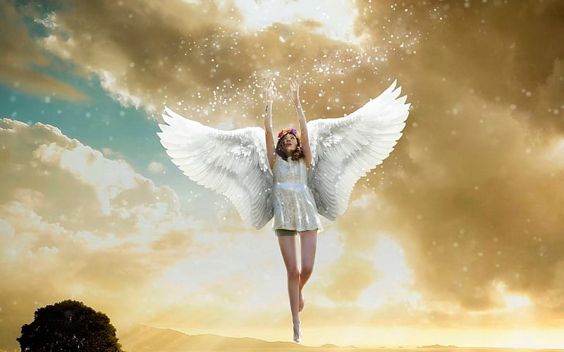 Angel, wings, cloud, golden, yellow, creative, sky, woman, fantasy, girl, white, blue, HD wallpaper