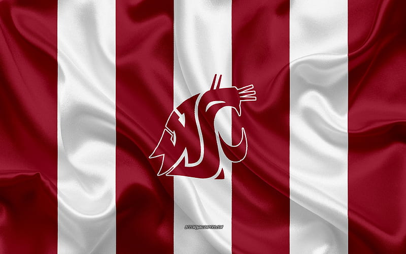 Washington State Cougars, American football team, emblem, silk flag, burgundy white silk texture, NCAA, Washington State Cougars logo, Pullman, Washington, USA, American football, HD wallpaper