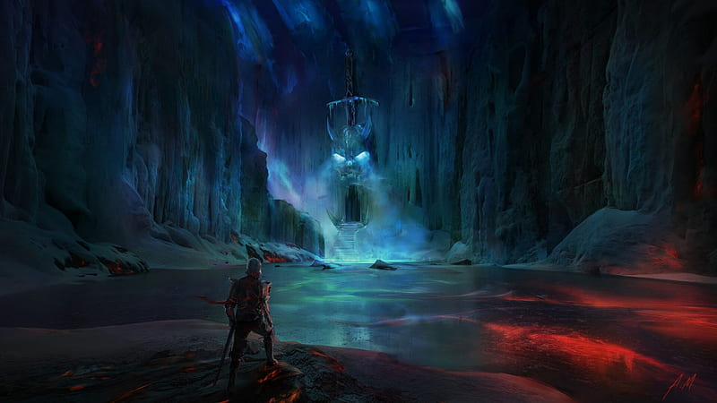 knight, lake, cave, castle, scary, fantasy, art full , tv, f, background, HD wallpaper