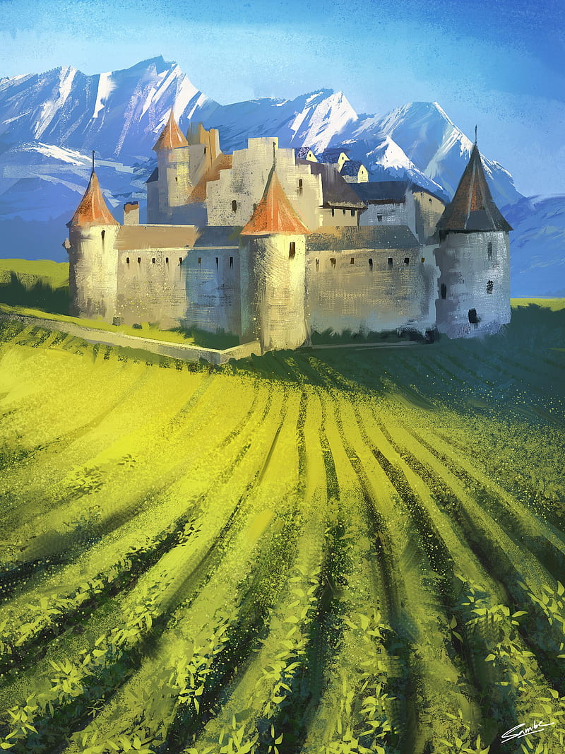 castle, fortress, field, mountains, landscape, art, HD phone wallpaper