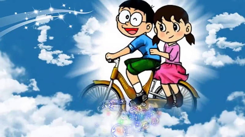 Shizuka On Bicycle In Blue Cloudy Sky Background Shizuka, HD wallpaper