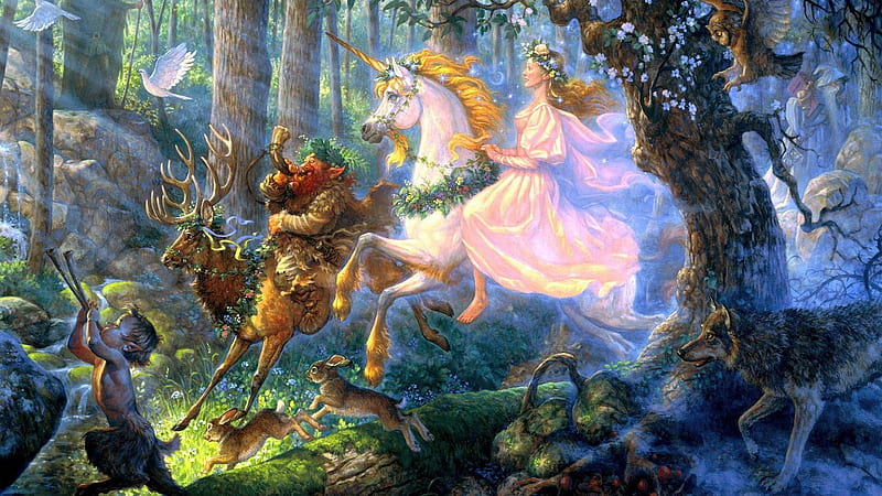 Fairy on a unicorn, owl, forest, art, unicorn, fantasy, girl, bunny, wolf, white, creature, fairy, HD wallpaper
