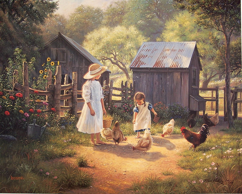 country girls, farm, chicken, flowers, shed, barn, HD wallpaper