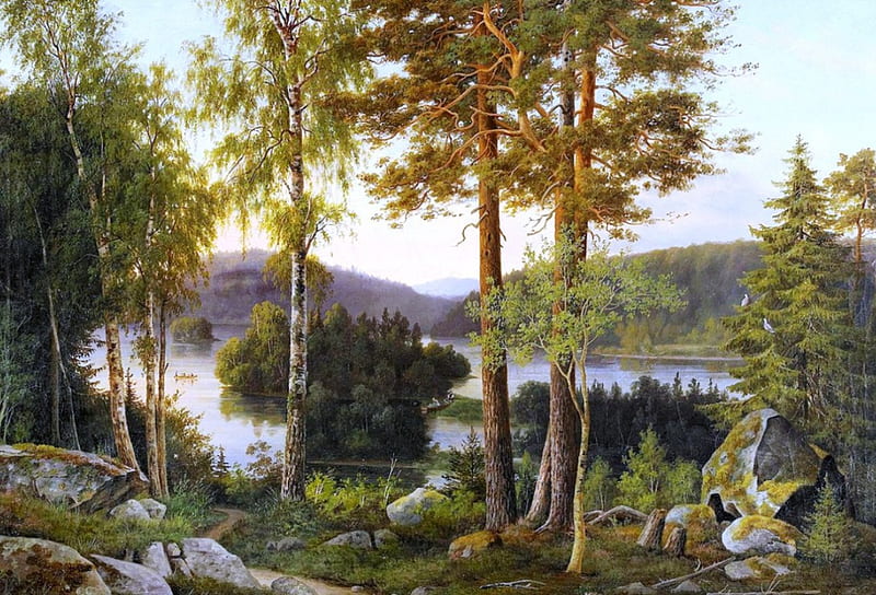 Painting by Magnus von Wright 1805-1868, rocks, artist, painting, art, forest, view, relax, greenery, sky, trees, abstract, lake, water, mountains, boulders, painter, nature, landscape, HD wallpaper