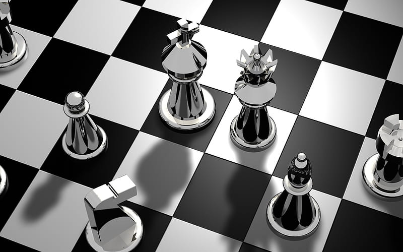 chessboard, 3d metal chess, chess pieces, black and white, HD wallpaper