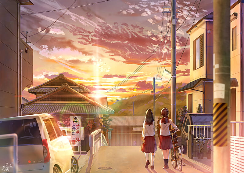 Anime, Girl, Bike, School Uniform, Sunset, HD wallpaper
