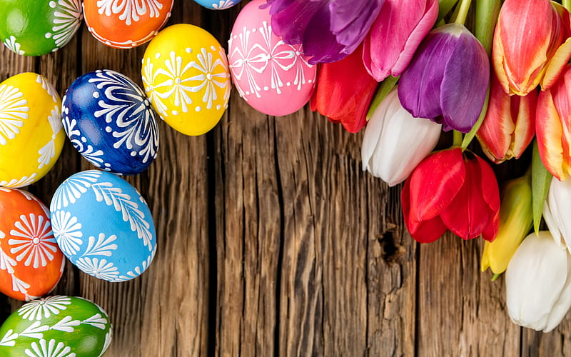 Happy Easter!, egg, colorful, brown, flower, easter, pink, tulip, wood, blue, HD wallpaper