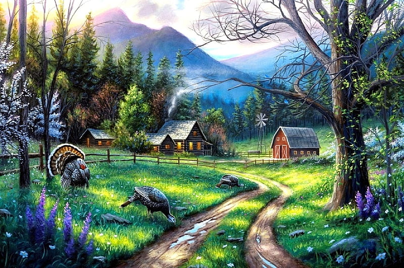 Spring Turkeys, cottages, houses, love four seasons, farms, spring, attractions in dreams, trees, countryside, turkeys, paintings, mountains, flowers, fields, nature, HD wallpaper