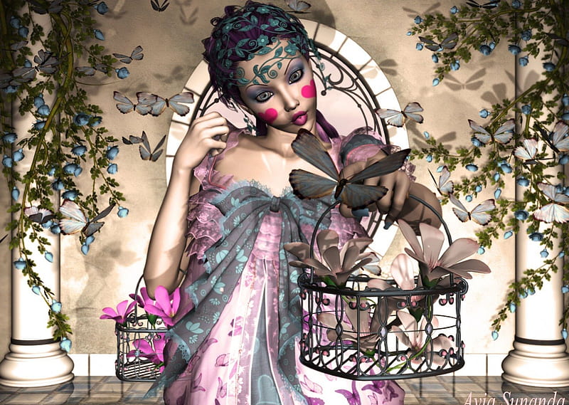 **Blooming in the Springtime**, baskets, pretty, adorable, sweet, flutter, butterfly, love, bright, flowers, beauty, face, wings, lovely, springtime, happiness, scent, corazones, lips, trees, softness, cute, cool, characters, flying, eyes, colorful, dress, bonito, fragrance, seasons, digital art, animal, hair, leaves, blossom, blooms, female, colors, spring, butterflies, leaf, plants, tender touch, petals, 3D art, ivy, HD wallpaper