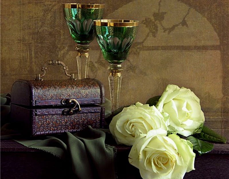 Goblets, still life, green goblets, white roses, purse, flowers, green fabric, roses, HD wallpaper