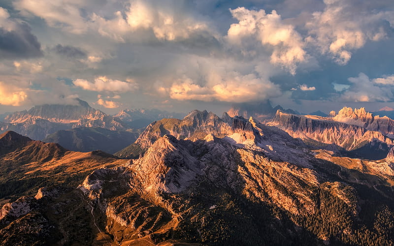 Dolomites, Italy, mountain landscape, evening, view from above, HD wallpaper