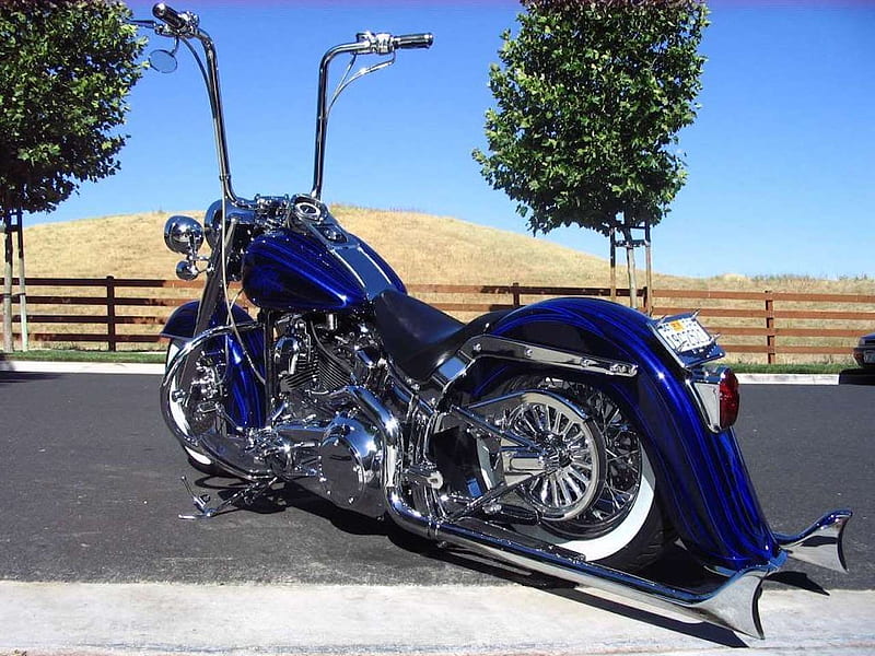 Lowrider Harley, davidson, motorbike, lowrider, blue, harley, HD wallpaper