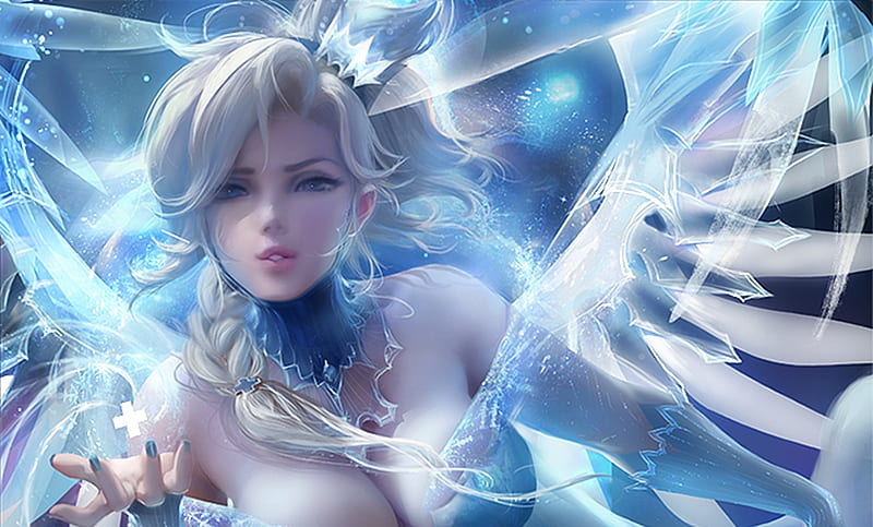 Snow Queen Mercy, overwatch, wings, luminos, angel, sakimichan, winter, fantasy, girl, white, blue, HD wallpaper