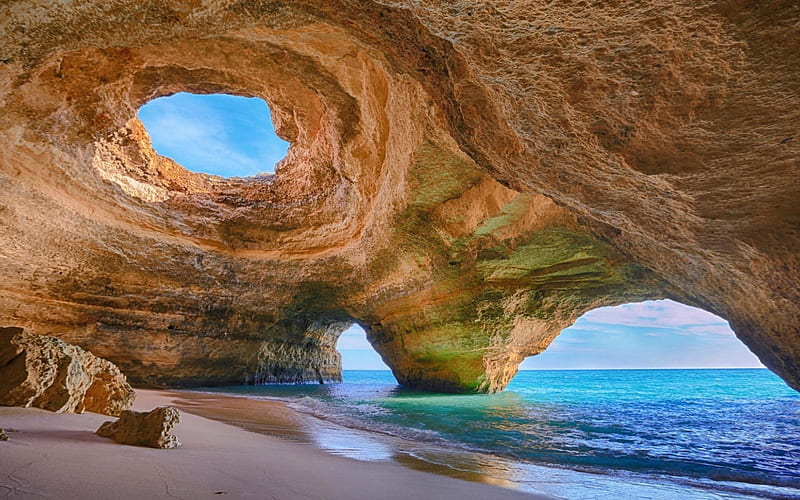 Portugal, sea, coast, cliffs, arch, summer, HD wallpaper