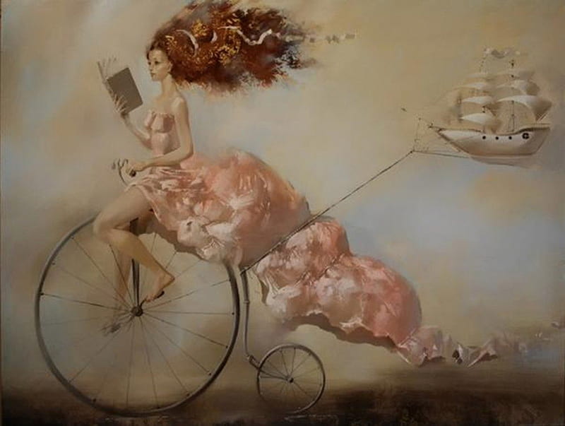 by Oleg Chubakov, artist, fantasy, books, steamer, painted, bicycles, abstract, HD wallpaper