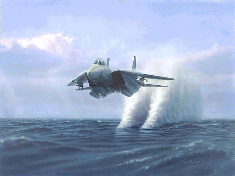 F-14 Tomcat, splash, sea, blue, tomcat, HD wallpaper