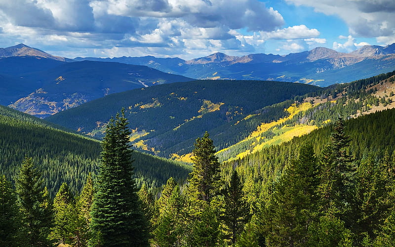 Colorado Rockies, near Camp Hale, usa, hills, autumn, trees, landscape, clouds, sky, HD wallpaper