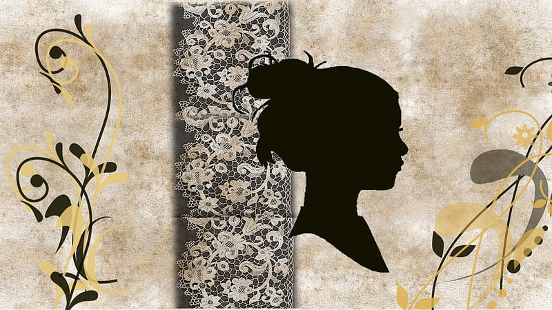 Cameo and old lace, cameo, brown, lace, silhouette, lady, HD wallpaper