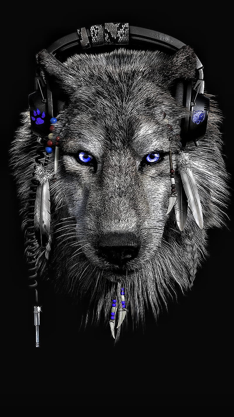 Blue Techno Wolf , wolves, dj, animal, black and white, crisp, detail, HD phone wallpaper