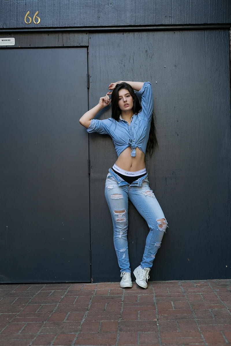 Natalie Gibson, model, women, torn jeans, Calvin Klein, HD phone wallpaper