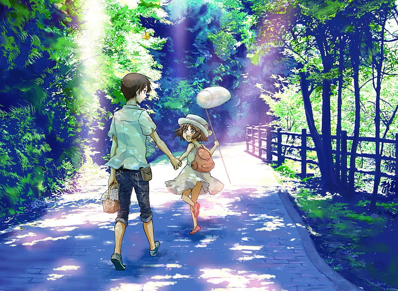 Walking, fence, boy, girl, anime, walk, HD wallpaper