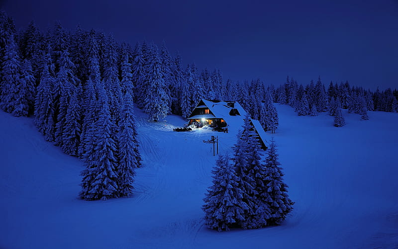 Winter night in the mountain, mountain, snow, chalet, slope, bonito, cabin, winter, night, HD wallpaper