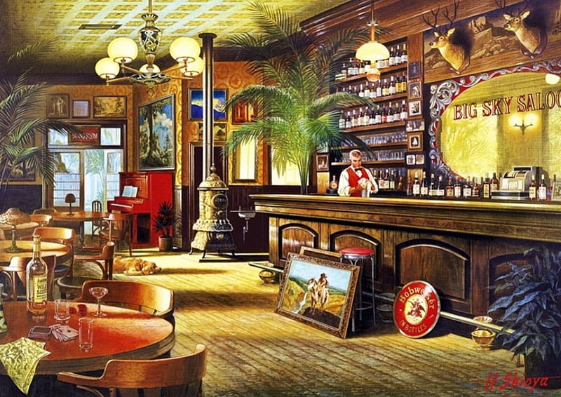 Big Sky Saloon, barkeeper, tables, bar, painting, chairs, artwork, piano, HD wallpaper
