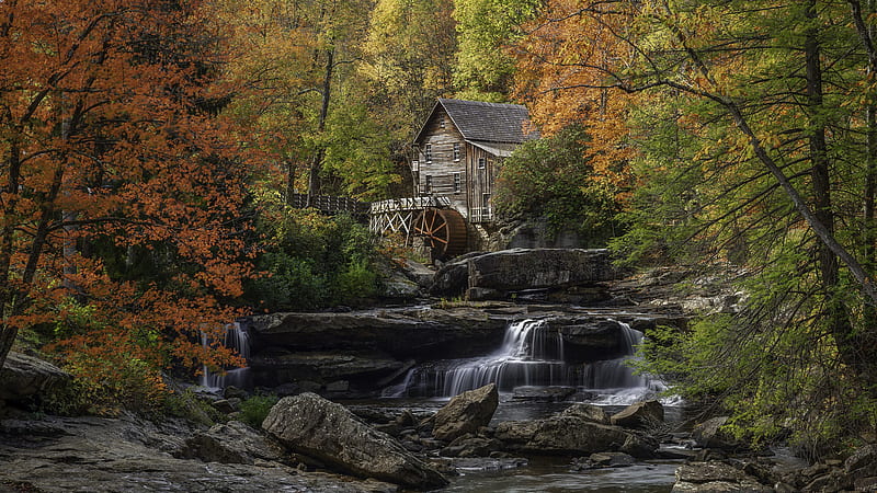 River Waterfall And Watermill Around Trees Nature, HD wallpaper