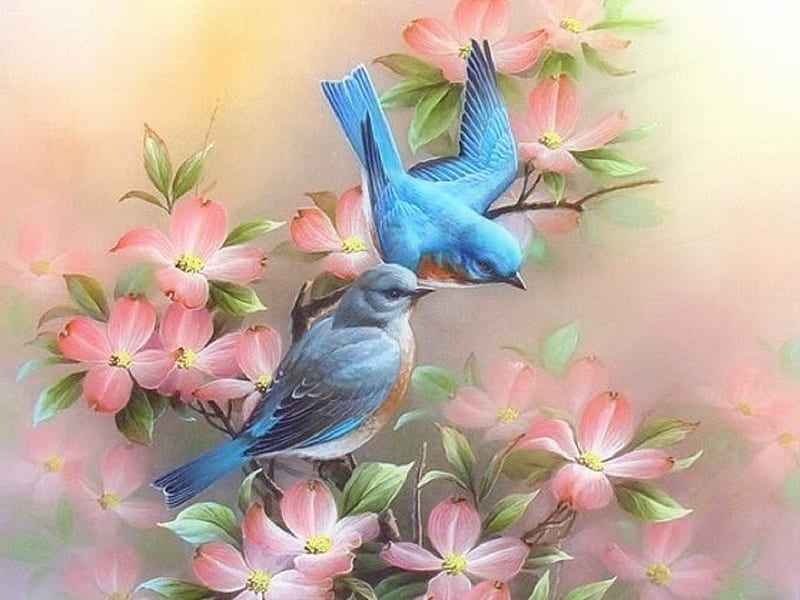 Spring Bluebirds, paintings, birds, flowers, love four seasons, nature, spring, beloved valentines, animals, HD wallpaper